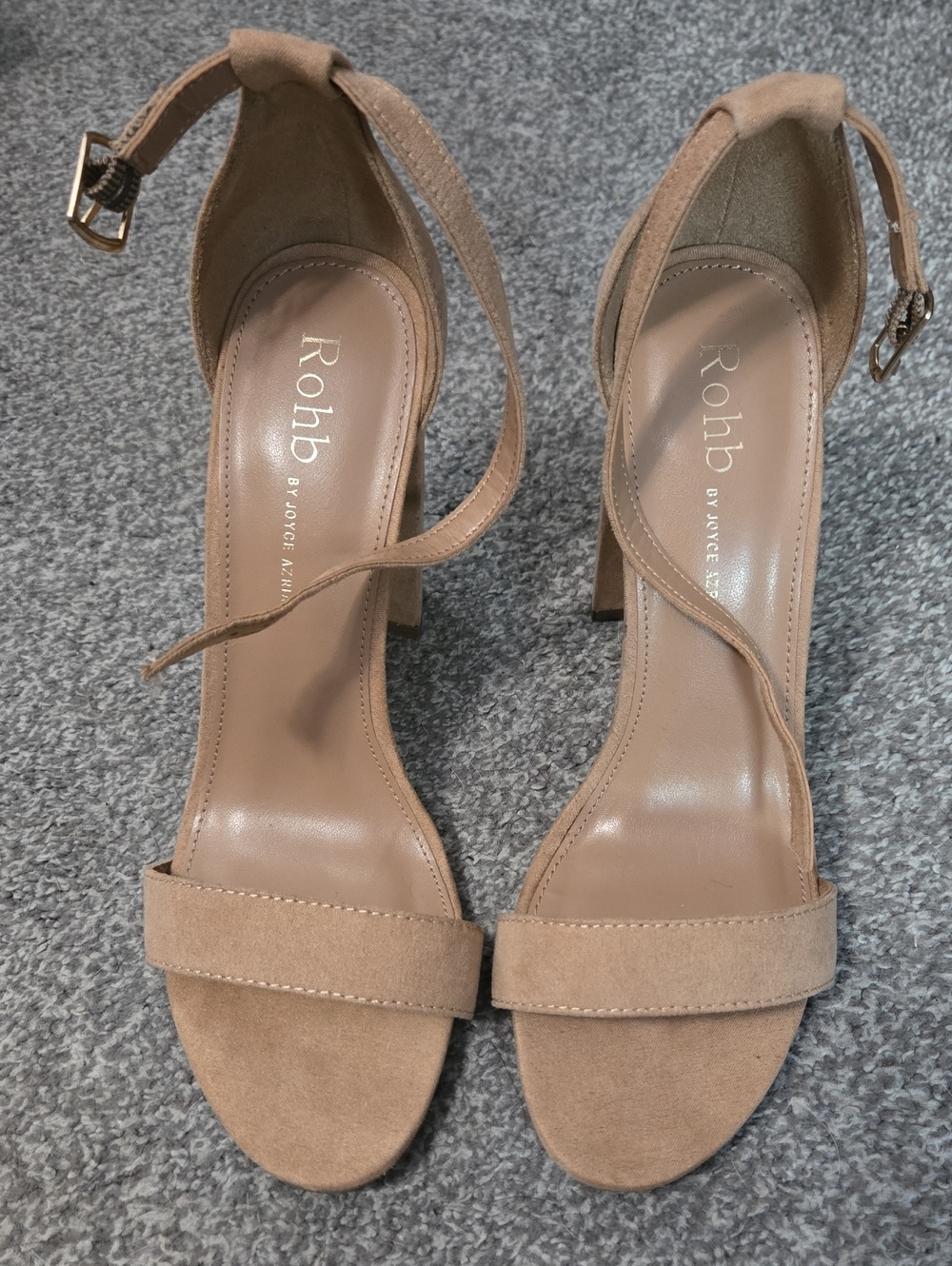 ROHB Beige-Tan Suede Ankle-Strap Block Heel Sandals